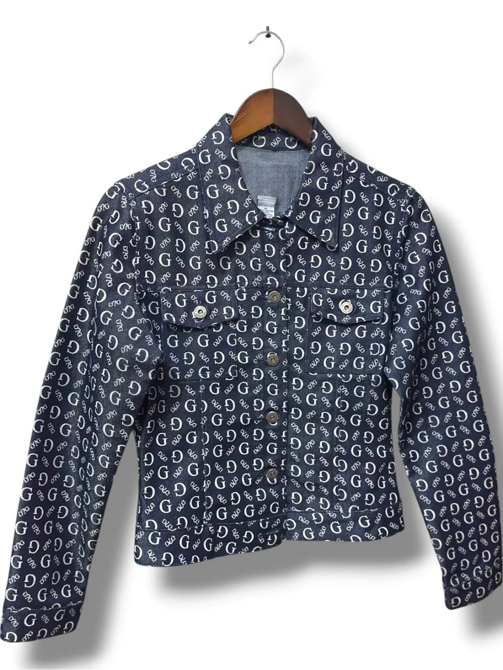 GUESS | NWOT Vintage Y2K Navy Blue Monogram G Logo-Print Cropped Denim Jacket (M